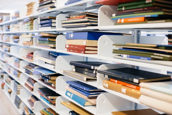 books on library shelves